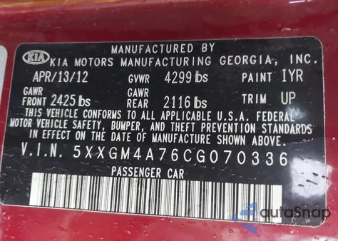 2012 Kia Optima Lx from USA, damaged, VIN 5XXGM4A76CG070336